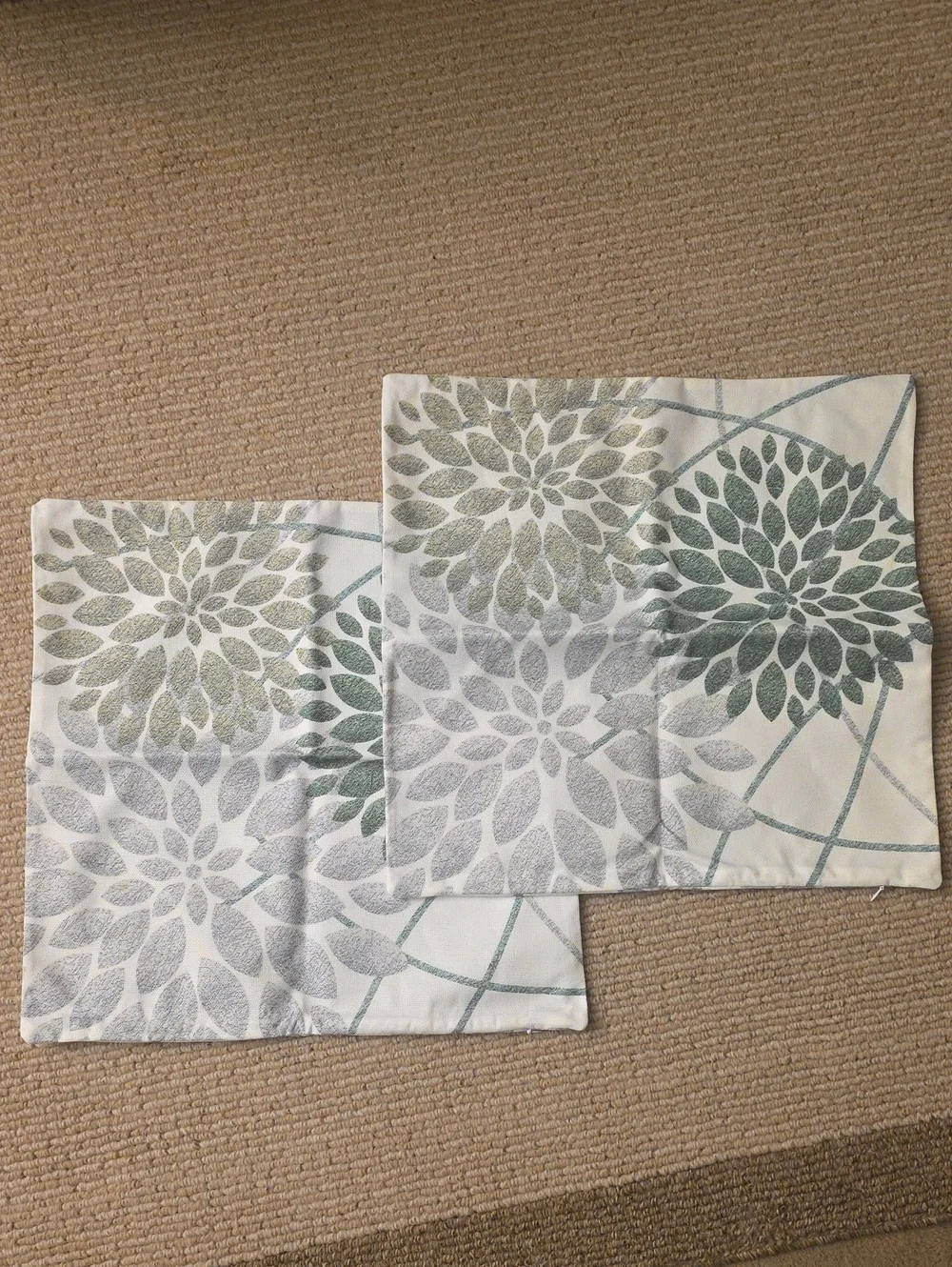 Floral Decorative Pillow Covers in White with Green and Gray Burst Pattern